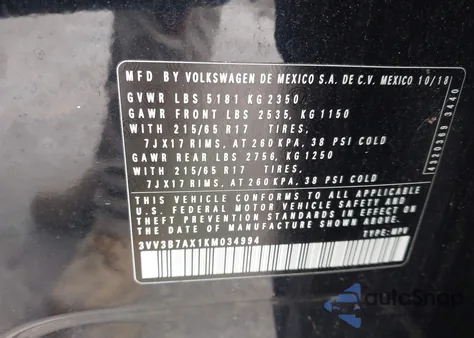 2019 Volkswagen Tiguan 2.0T Se/2.0T Sel/2.0T Sel R-Line/2.0T Sel R-Line Black from USA, damaged, VIN 3VV3B7AX1KM034994